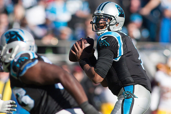 Carolina Panthers quarterback Cam Newton throws the ball during the second quarter against the Washington Redskins at Bank of America Stadium