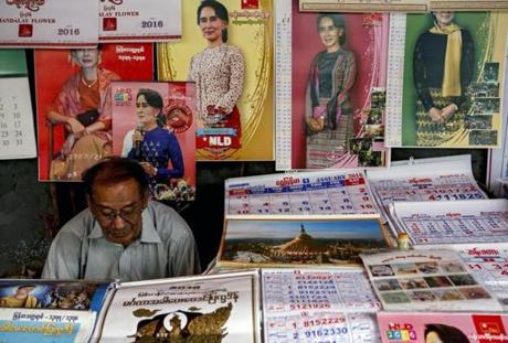 Calendars with images of Myanmar opposition leader Aung San Suu Kyi were displaying Wednesday at a Yangon store