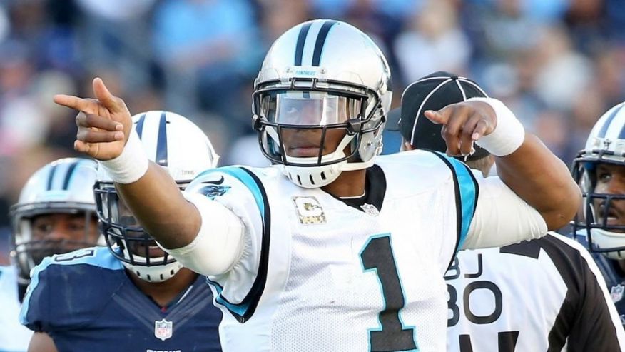 NASHVILLE TN- NOVEMBER 15 Cam Newton #1 of the Carolina Panthers celebrates during the second half against the Tennessee Titans at LP Field