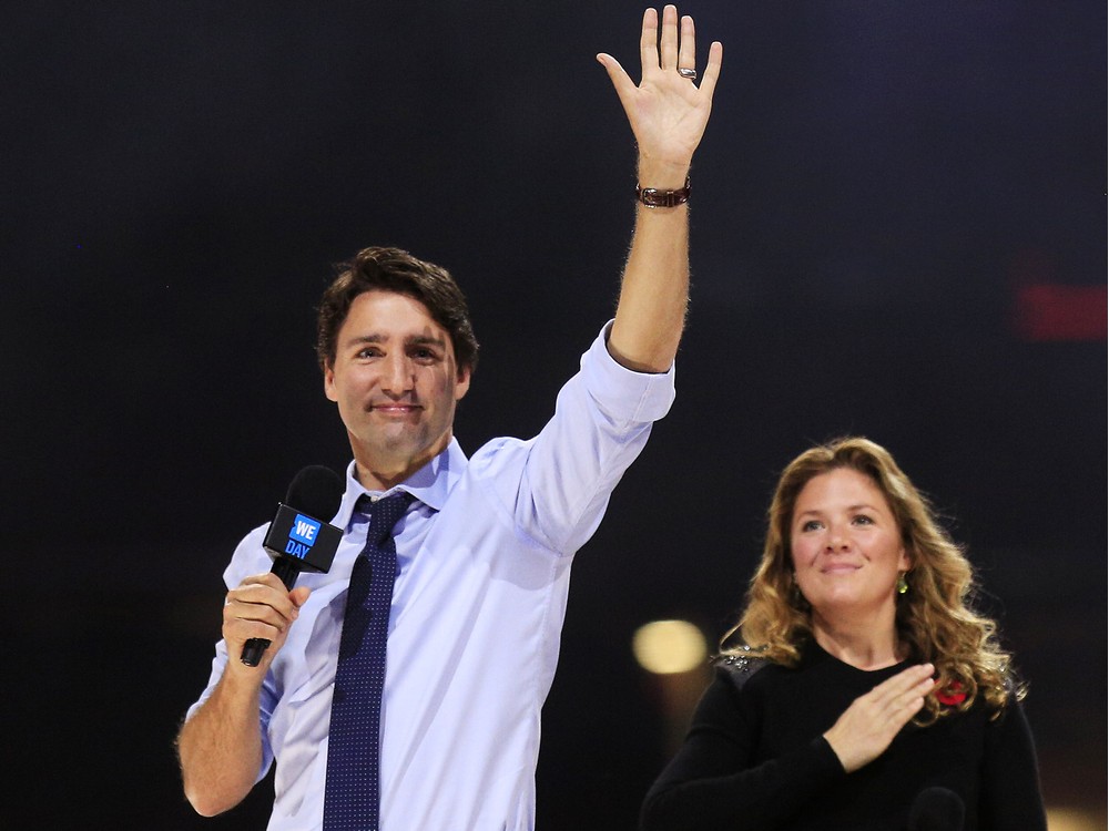 Prime Minister Justin Trudeau and his wife Sophie address a crowd of 16,000 people during the We Day event at the Canadian Tire Centre in Ottawa Tuesday