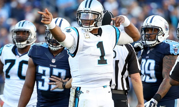 NASHVILLE TN- NOVEMBER 15 Cam Newton #1 of the Carolina Panthers celebrates during the second half against the Tennessee Titans at LP Field