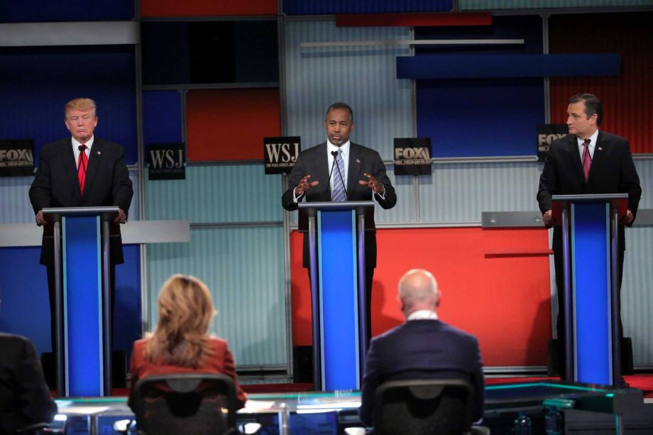 Ben Carson speaks during the Republican debate in Milwaukee on Nov. 10. With him are Donald Trump and U.S. Sen. Ted Cruz