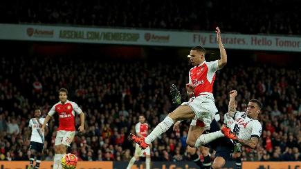 Kieran Gibbs centre netted a late equaliser for Arsenal in the north London derby against Tottenham