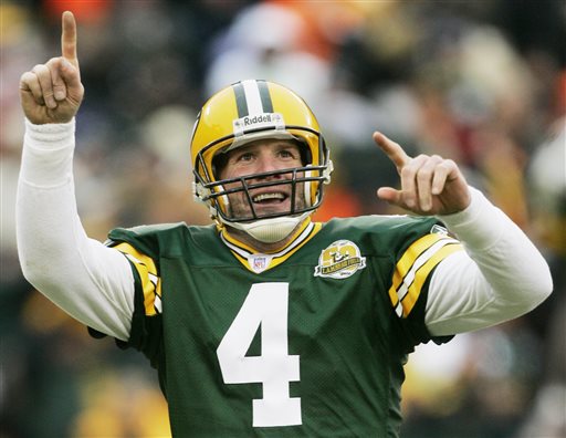 Green Bay Packers quarterback Brett Favre reacts to a 46-yard touchdown pass during an NFL football game against the Oakland Raiders in Green Bay Wis. Favre Terrell Owens and Alan Faneca are semifinalists for the