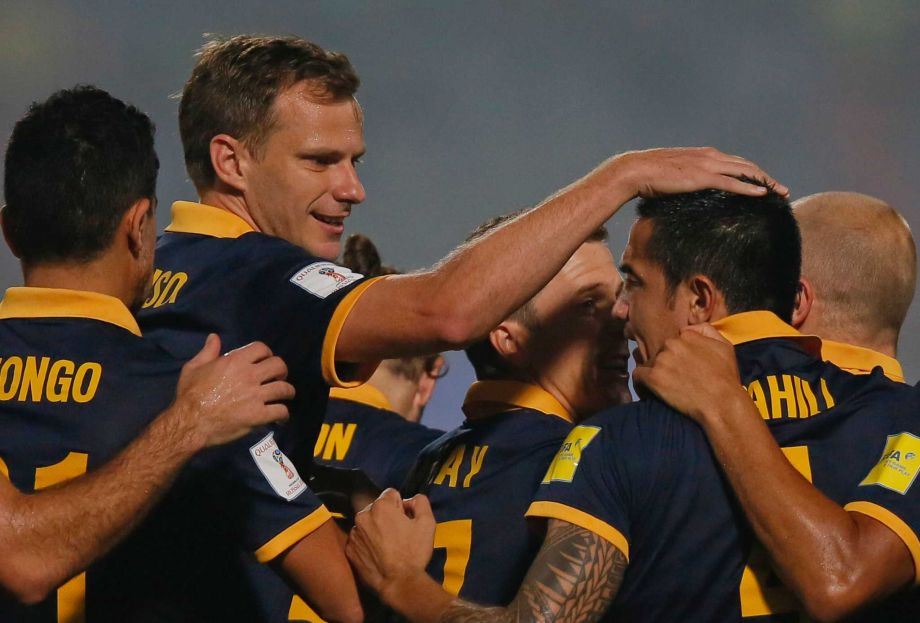 Australia’s Tim Cahill second left celebrates with teammates after scoring a goal against Bangladesh during their 2018 FIFA World Cup qualifying soccer match in Dhaka Bangladesh Tuesday Nov. 17 2015