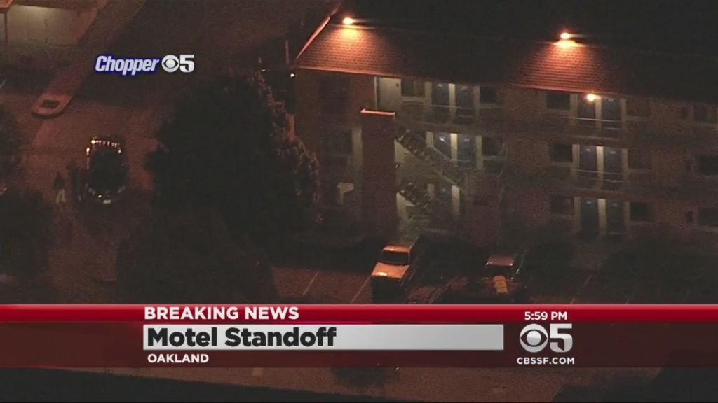 Chopper 5 over a standoff involving police at the Motel 6 on Edes Avenue in Oakland