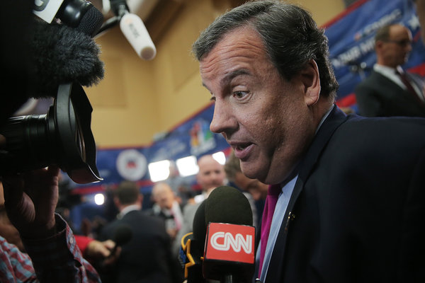 Presidential candidate New Jersey Gov. Chris Christie speaks to the media in the spin room after the CNBC Republican Presidential Debate