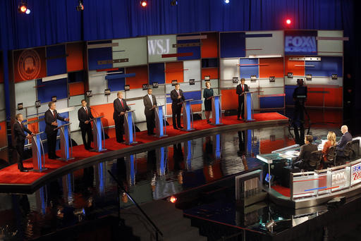 Republican presidential candidates John Kasich Jeb Bush Marco Rubio Donald Trump Ben Carson Ted Cruz Carly Fiorina and Rand Paul appear during Republican presidential debate at Milwaukee Theatre Nov. 10 2015 in Milwaukee