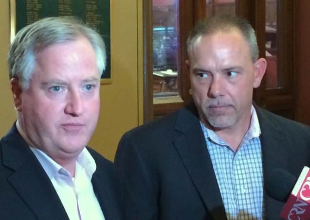 Speaker J. Brendan Sharkey and Majority Leader Joe Aresimowicz take questions from reporters Friday