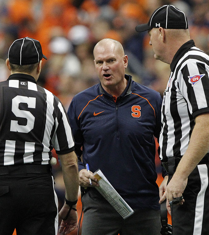 Syracuse head coach Scott Shafer talks with officials about a play in the second quarter of an NCAA college football game against Pittsburgh in Syracuse N.Y. on Oct. 24 2015