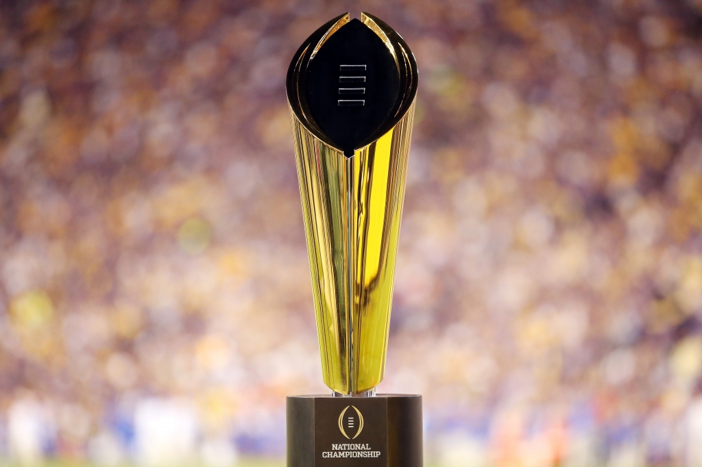 BATON ROUGE LA- OCTOBER 17 College Football Playoff National Championship Trophy presented by Dr Pepper is seen at Tiger Stadium