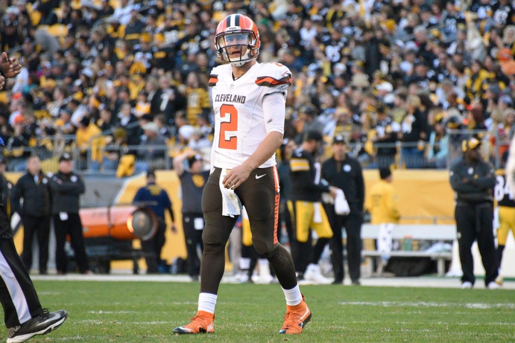 Cleveland Browns quarterback Johnny Manziel walks off the field after a series of downs during the second half of an NFL football game against the Pittsburgh Steelers Sunday Nov. 15 2015 in Pittsburgh