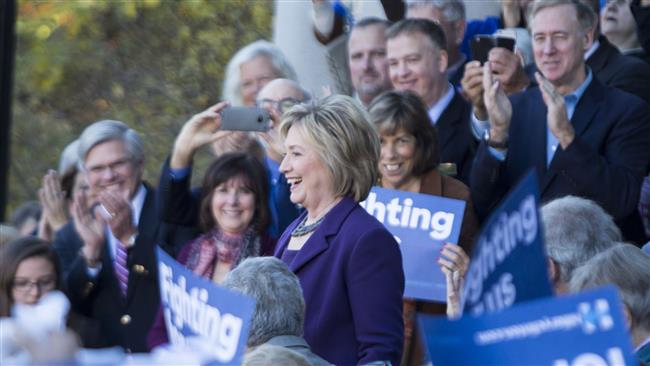 Democratic presidential candidate Hillary Clinton takes the stage for a rally in Concord New Hampshire