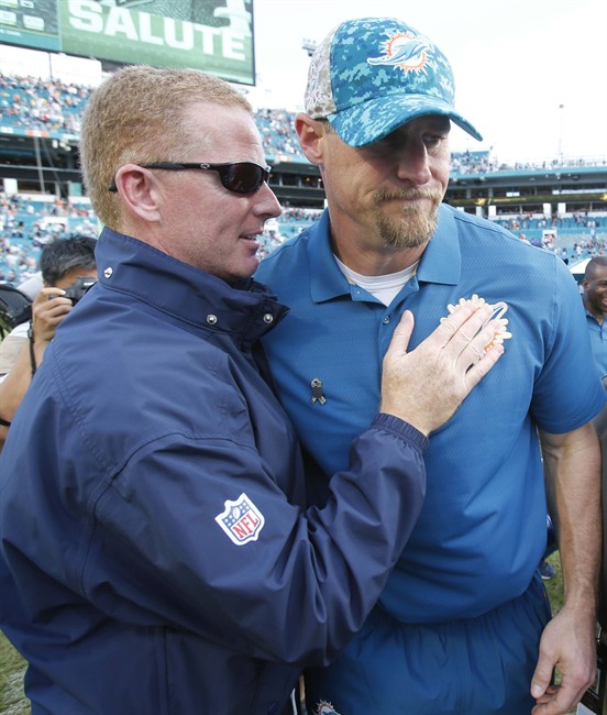 Dallas Cowboys head coach Jason Garrett left and Miami Dolphins interim head coach Dan Campbell speak at the end of an NFL football game Sunday Nov. 22 2015 in Miami Gardens Fla. The Cowboys defeated the Dolphins 24-14