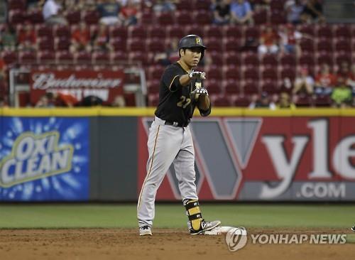 Pittsburgh Pirates&apos Kang Jung-ho reacts after hitting a double during the third inning of a Major League Baseball game against the Cincinnati Reds on Sept. 8 2015 in Cincinnati