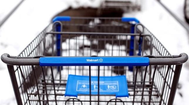 A Walmart shopping cart is seen in their parking lot in Westbury,New York