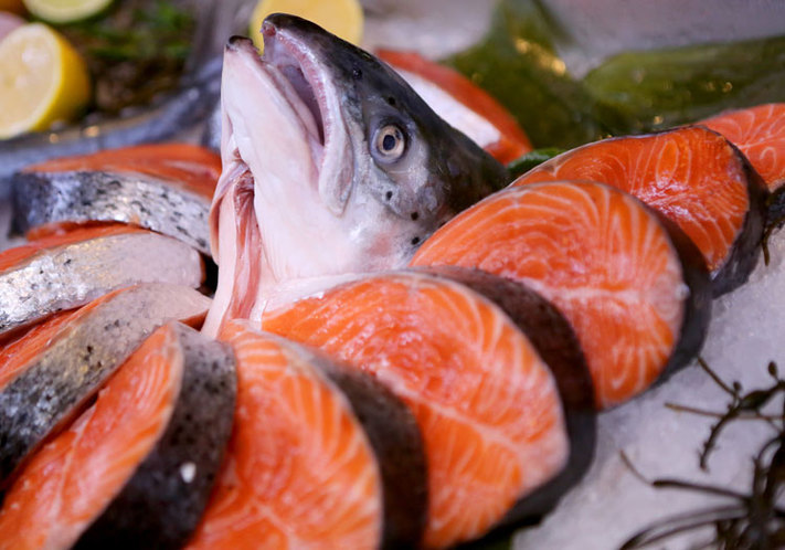 Fresh salmon for sale at a store in St. Petersburg