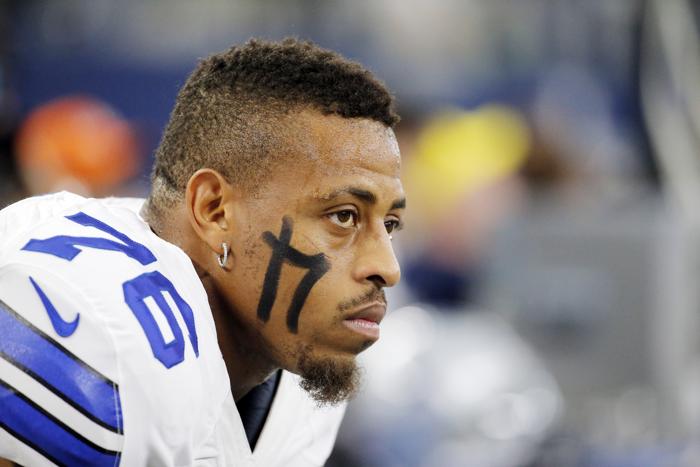 Dallas Cowboys defensive end Greg Hardy looks on from the sidelines during an NFL football game against the Seattle Seahawks Sunday Nov. 1 2015 in Arlington Texas. Seattle won 13-12