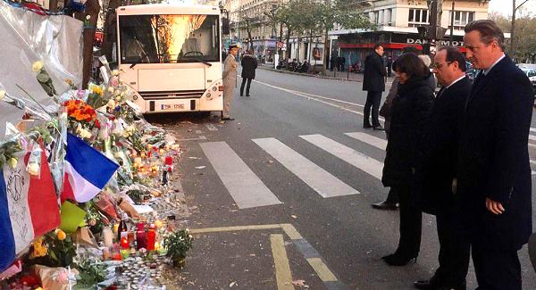 David Cameron with French President Francois Hollande outside the Bataclan Cafe in Paris this morning