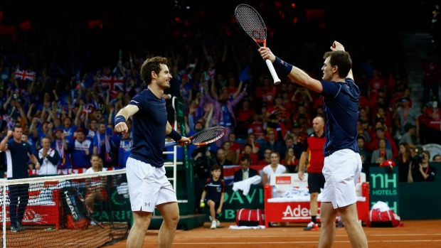 Brothers Jamie and Andy Murray celebrate following their doubles victory that puts Britain within touching distance of a historic Davis Cup triumph