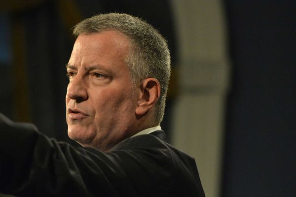 New York City Mayor Bill de Blasio takes