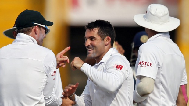 Dean Elgar celebrates after dismissing India's Amit Mishra on the first day of the first Test in Mohali