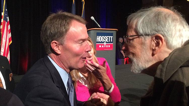 Democrat Joe Hogsett greets supporters after his victory speech Tuesday night