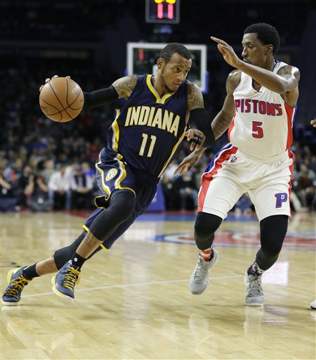 Indiana Pacers guard Monta Ellis drives to the basket as Detroit Pistons guard Kentavious Caldwell Pope defends during the first half of an NBA basketball game Tuesday Nov. 3 2015 in Auburn Hills Mich