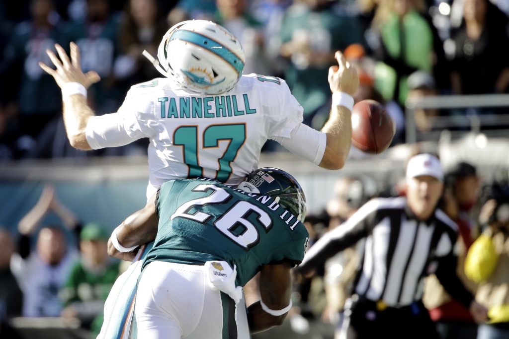 Miami Dolphins&#039 Ryan Tannehill is hit in the end zone by Philadelphia Eagles&#039 Walter Thurmond for a safety during the first half of an NFL football game Sunday Nov. 15 2015 in Philadelphia. ORG XMIT PXE106