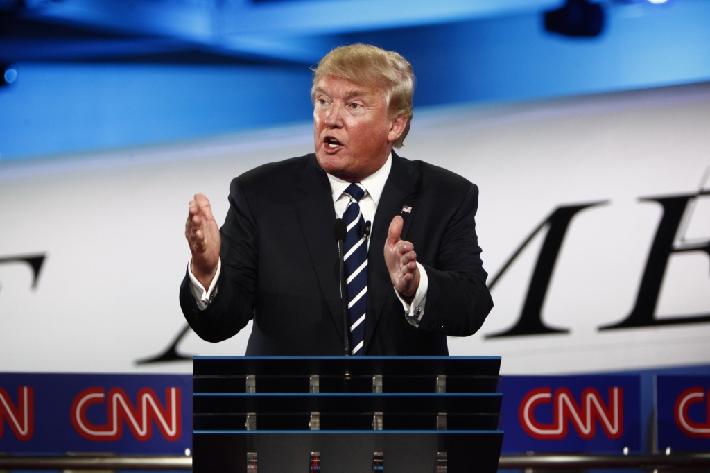 Donald Trump appears on stage at the CNN Republican Presidential Debate in Simi Valley California