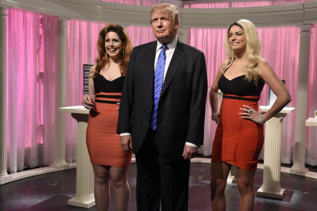 Donald Trump on “Saturday Night Live” with cast members Vanessa Bayer left and Cecily Strong. COURTESY OF DANA EDELSON NBC