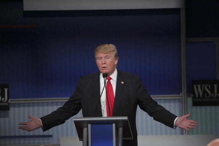 Donald Trump speaks during the Republican debate at the Milwaukee Theatre in Milwaukee Nov. 10 2015