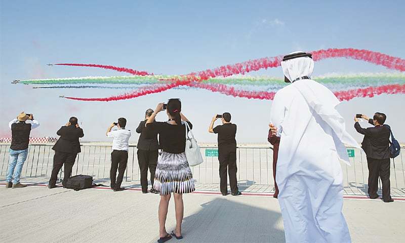 Dubai Al Fursan the UAE Air Force aerobatic display team performing during the opening of the Dubai Airshow on Sunday.—AP