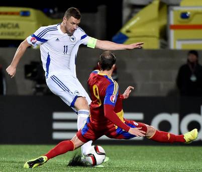 Edin Dzeko in action against Andorra during Bosnia's Euro 2016 qualifier. The Roma striker scored seven of their 17 goals during their campaign