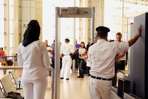 Security personnel wait to screen passengers departing Sharm el Sheikh International Airport south Sinai Egypt Friday Nov. 6 2015. Hundreds of British tourists stranded in the Egyptian resort from where a doomed Russian plane took off last weekend