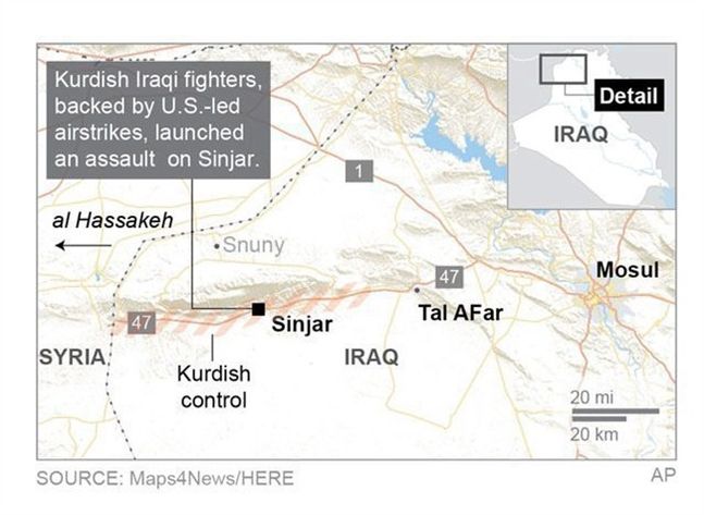 Map locates Sinjar in Iraq. 2c x 4 inches 96.3 mm x 101