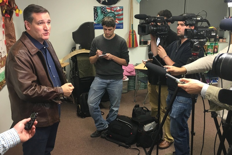 U.S. Sen. Ted Cruz speaks with reporters during an event in Iowa on Nov. 28 2015