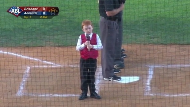 Ethan Hall takes a deep breath before starting the national anthem with a case of the hiccups