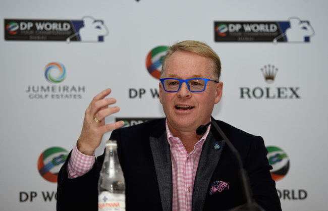 DUBAI UNITED ARAB EMIRATES- NOVEMBER 17 Keith Pelley Chief Executive of The European Tour addresses the assembled media during a press conference prior to the start of the DP World Tour Championship on the Earth Course at Jumeirah Golf Estates on Nov