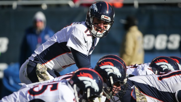 CHICAGO IL- NOVEMBER 22 Quarterback Brock Osweiler #17 of the Denver Broncos yells out prior to the snap in the second quarter against the Chicago Bears at Soldier Field