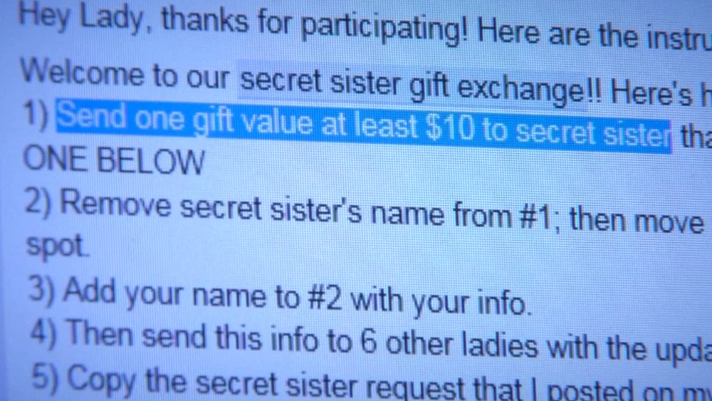 Facebook post advertising the'secret sister gift exchange scam