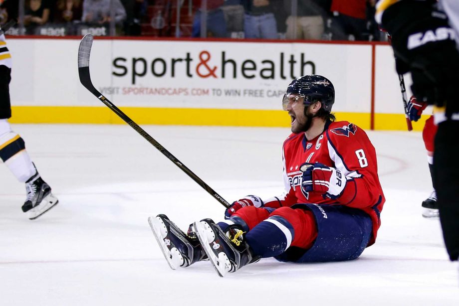 Washington Capitals left wing Alex Ovechkin from Russia celebrates his goal during the first period of an NHL hockey game against the Boston Bruins Thursday Nov. 5 2015 in Washington