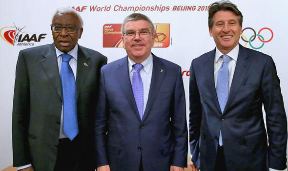 Lamine Diack Thomas Bach and Lord Coe