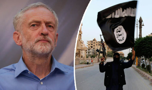 Jeremy Corbyn left and ISIS fighters right