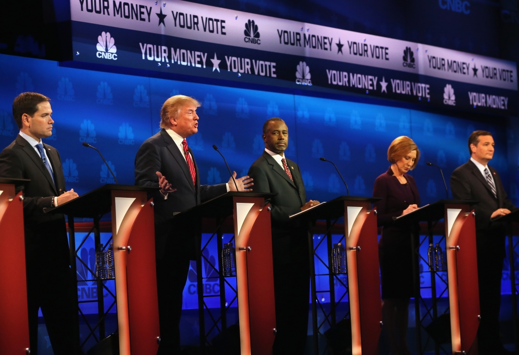 BOULDER CO- OCTOBER 28 Presidential candidates Donald Trump  speaks while Sen. Marco Rubio , Ben Carson Carly Fiorina Sen. Ted Cruz  look on during the CNBC Republican Presidential Debate at University of Colorados Coors E