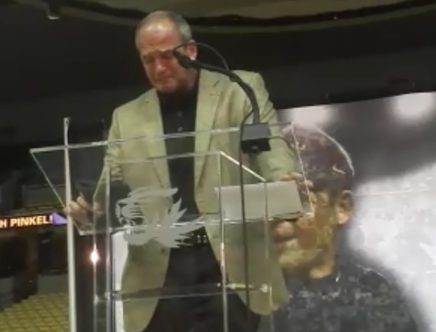 Gary Pinkel reacts to a standing ovation during his press conference at Mizzou Arena