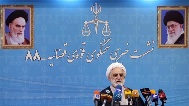 Gholamhossein Mohseni Ejeie the spokesman for Iran's Judiciary addresses the reporters in Tehran