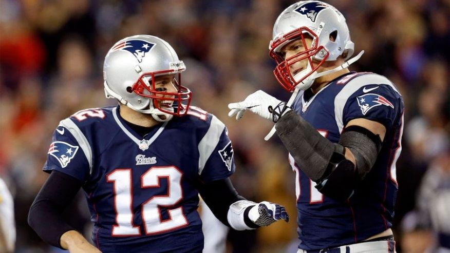 Nov 3 2013 Foxborough MA USA New England Patriots quarterback Tom Brady congratulates tight end Rob Gronkowski on scoring a touchdown during the second quarter against the Pittsburgh Steelers at Gillette Stadium. Mandatory Credit Greg M. C