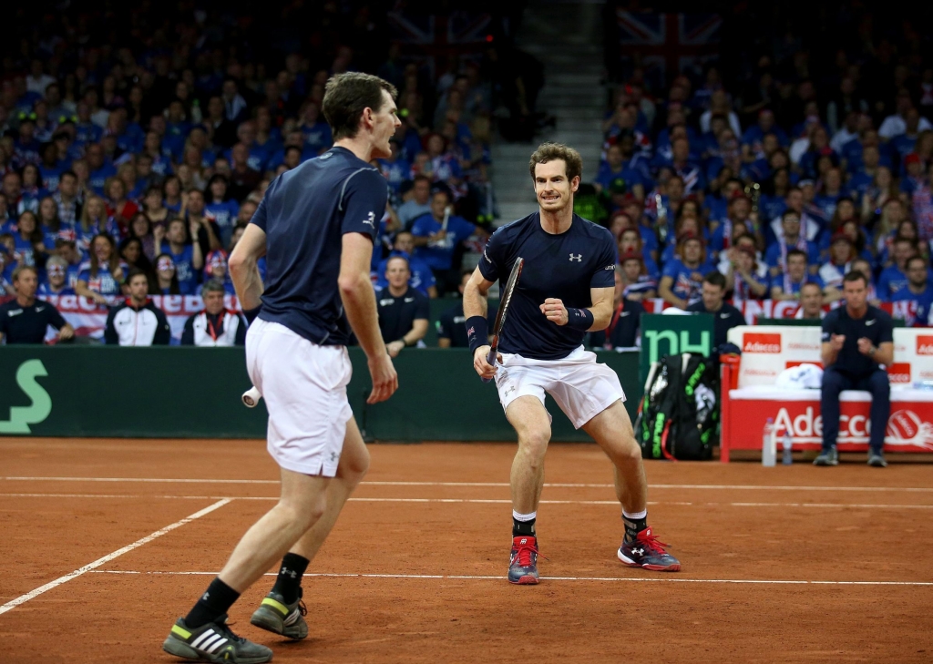 Great Britain's Andy Murray and Jamie Murray celebrate during day two of the Davis Cup Final at the Flanders Expo Centre Ghent