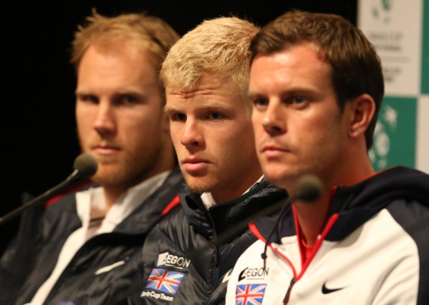 Great Britain's Dom Inglot Kyle Edmund and Captain Leon Smith at a press conference at the Flanders Expo Centre Ghent